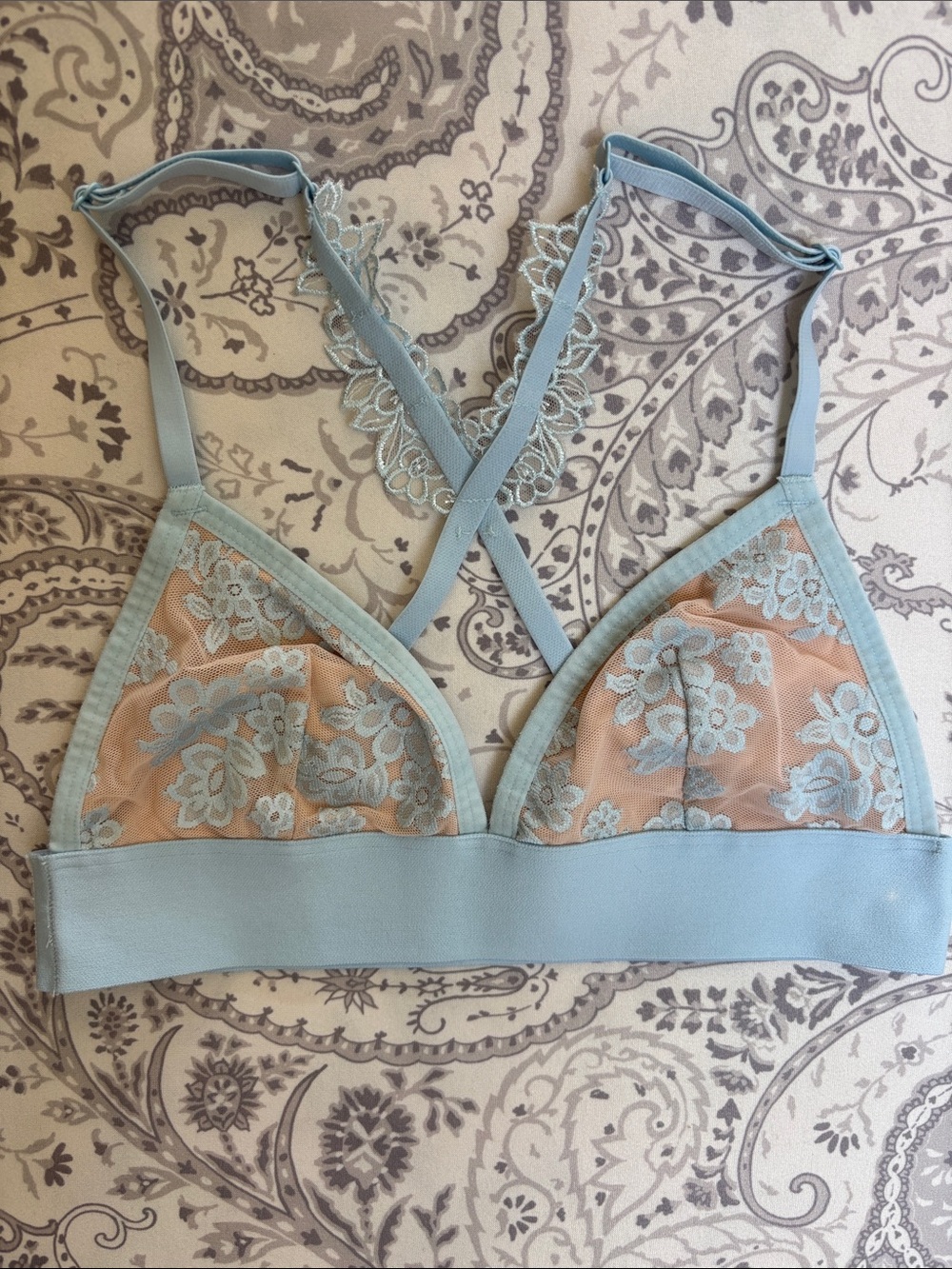 PINK Victoria's Secret Light Blue Lace Bralette with Nude Mesh-Size M
